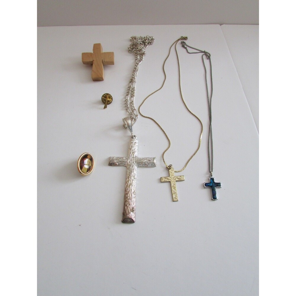 Lot of  3 Cross Necklaces, wooden pin and Vintage Jesus Picture Pin